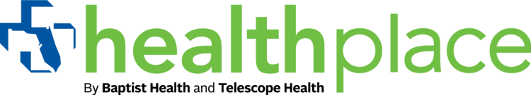 graphic logo that says "Health Place powered by Baptist Health and Telescope Health"